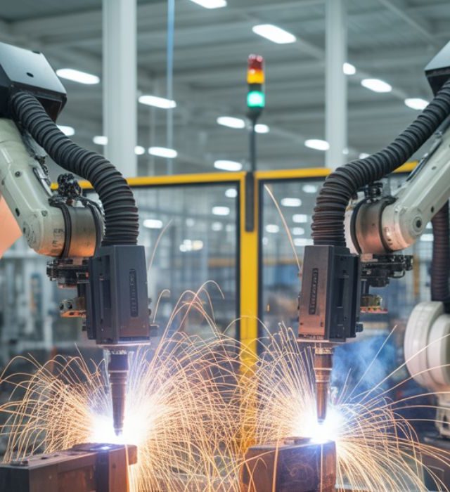Robotic welding role Robotic welding cell operating in an automotive manufacturing plant with consistent weld output.