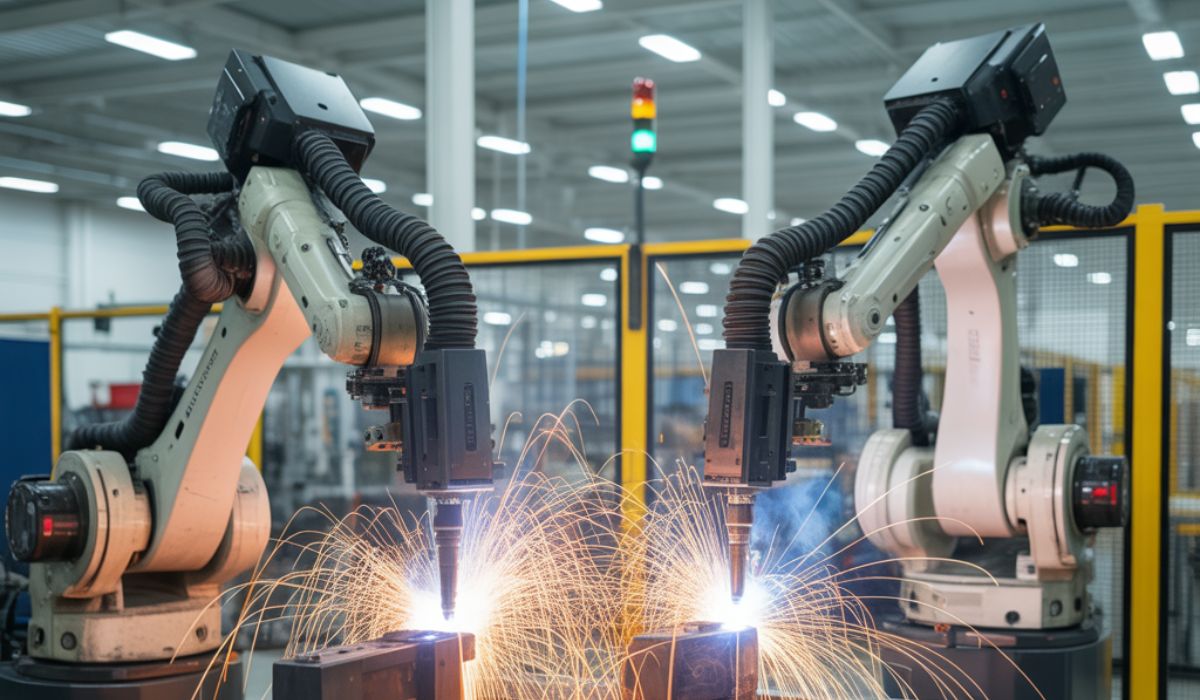 Robotic welding role Robotic welding cell operating in an automotive manufacturing plant with consistent weld output.