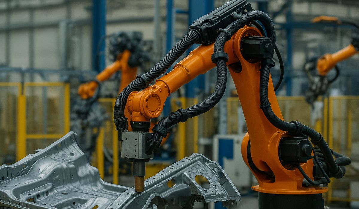 An industrial robotic arm welding a metal automotive frame in a factory, illustrating automation in SPM Manufacturing.