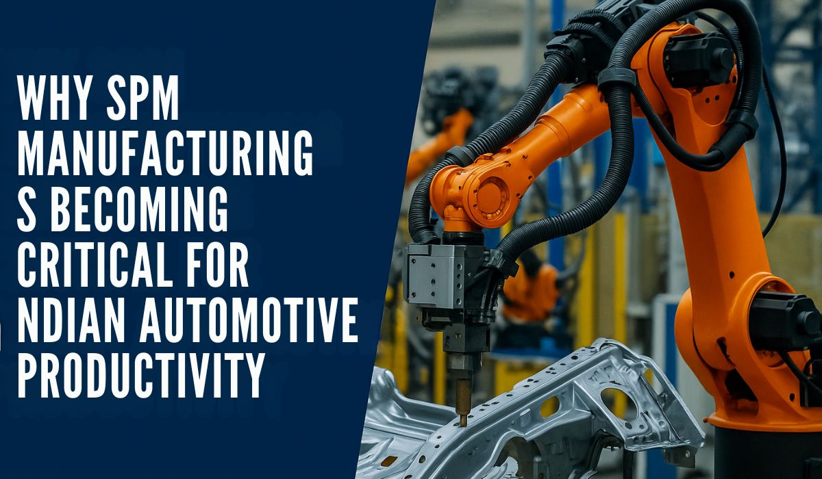 SPM Manufacturing Critical Productivity Industrial robotic arms working on a metal automotive frame inside a manufacturing facility, with bold text on the left reading ‘Why SPM Manufacturing Is Becoming Critical for Indian Automotive Productivity.