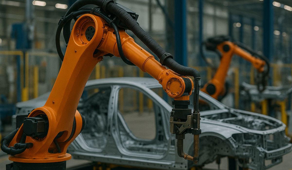 Industrial robotic arm working on a car body frame in an automated factory, showcasing advanced SPM Manufacturing processes.