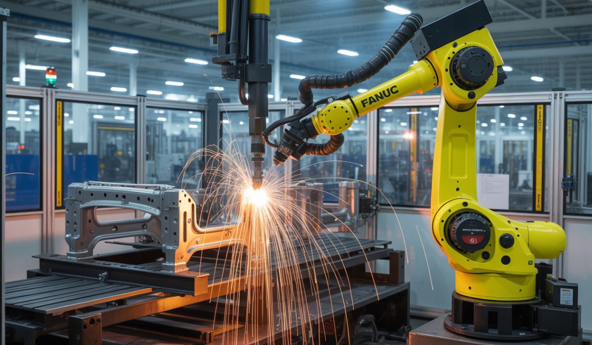 Robotic welding cell in an Indian automotive manufacturing plant, showcasing automation and precision in production.