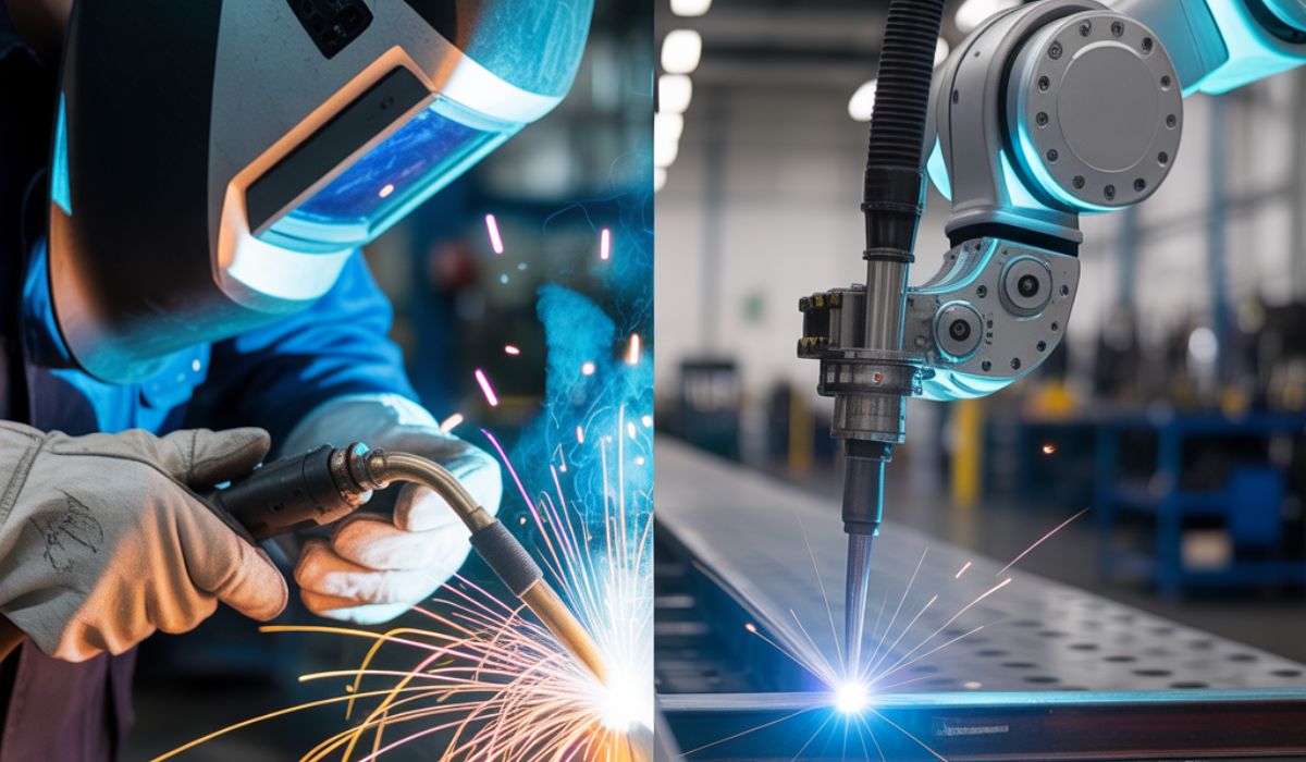 Comparison of manual welding and robotic welding showing variation versus consistency.

