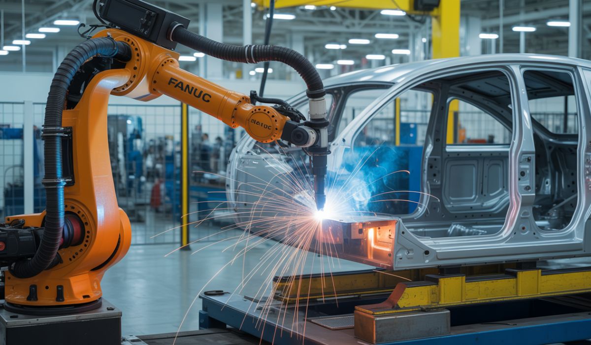 obotic welding cell used in Indian automotive manufacturing