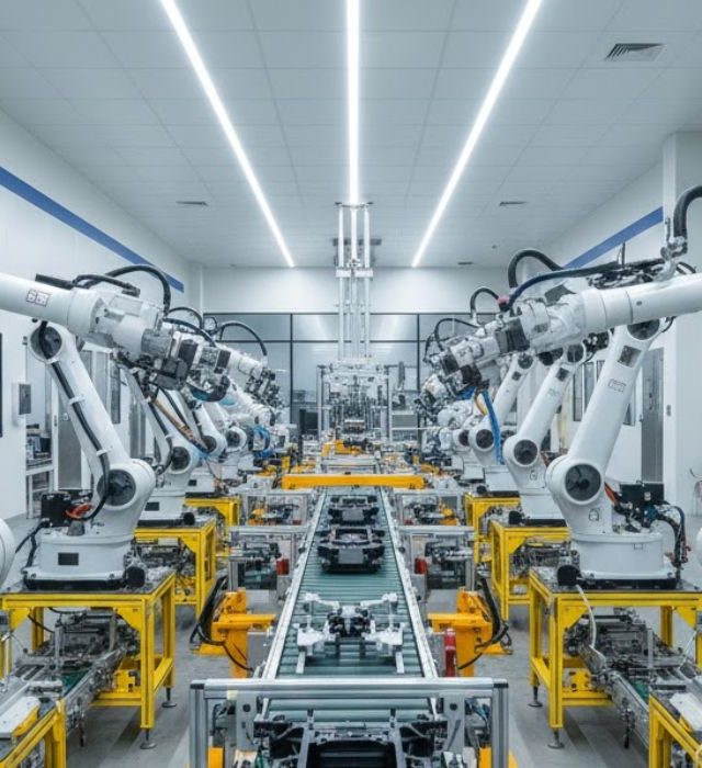automated-assembly-line-solutions Automated assembly line with robotic arms and conveyor system
