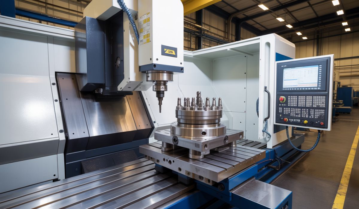 CNC machining center with fixture setup used in industrial production machining