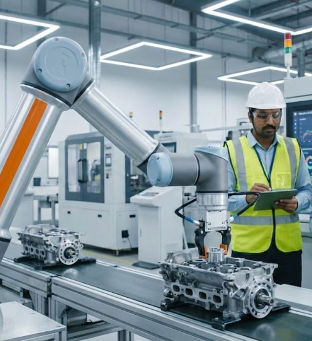 Robotic Automation Solutions in Manufacturing Industrial robotic automation in manufacturing solution with human supervision on a manufacturing production line