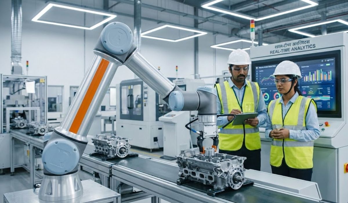 Robotic Automation Solutions in Manufacturing Industrial robotic automation in manufacturing solution with human supervision on a manufacturing production line