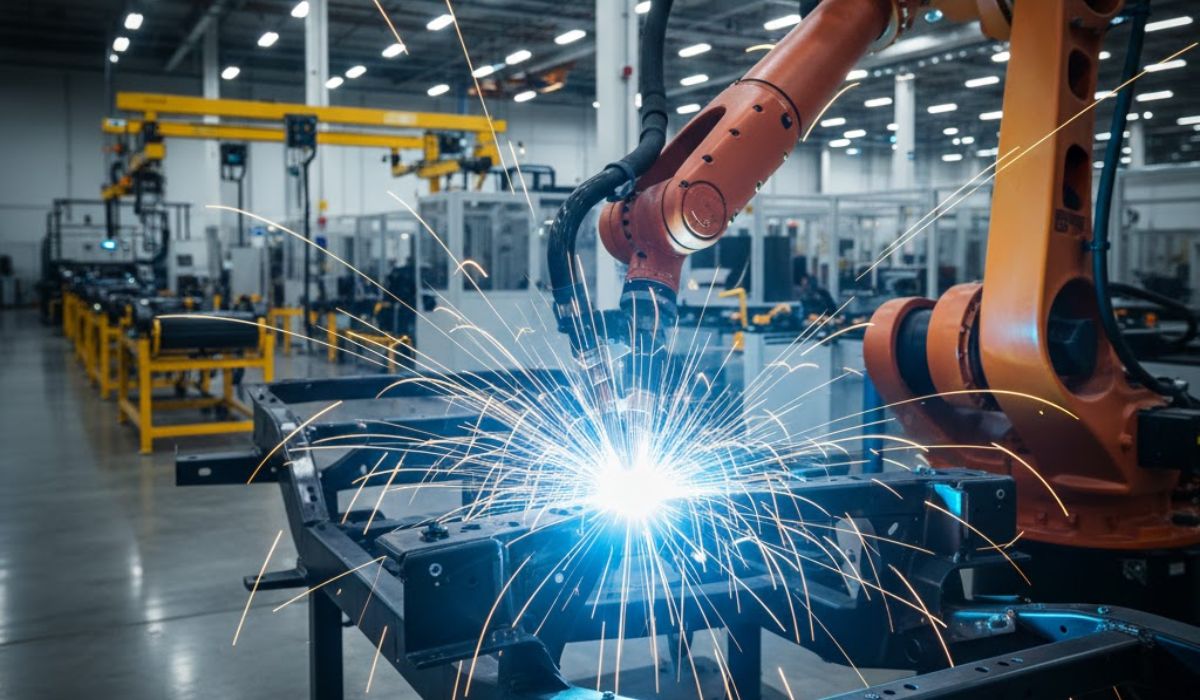 Robotic welding automation using industrial robot in a manufacturing facility