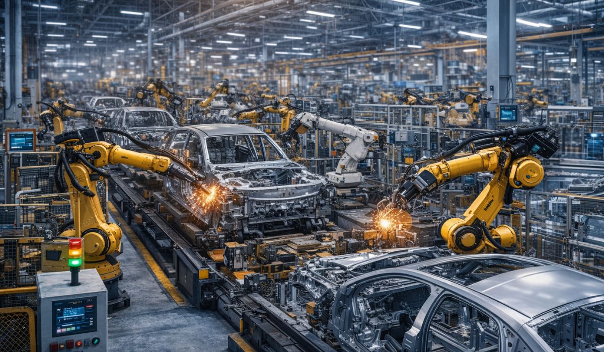 Automotive smart factory system with multiple robotic welding arms assembling car body frames on automated production line