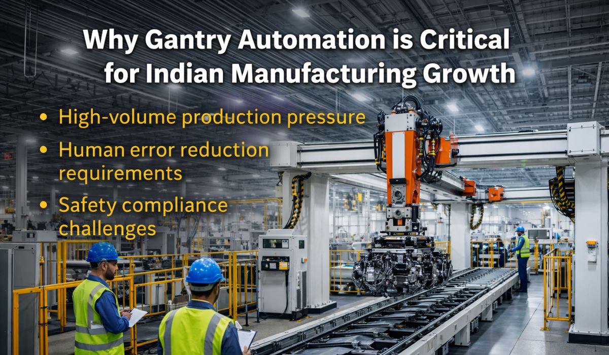 Gantry automation system operating in Indian automotive manufacturing plant with engineers monitoring production