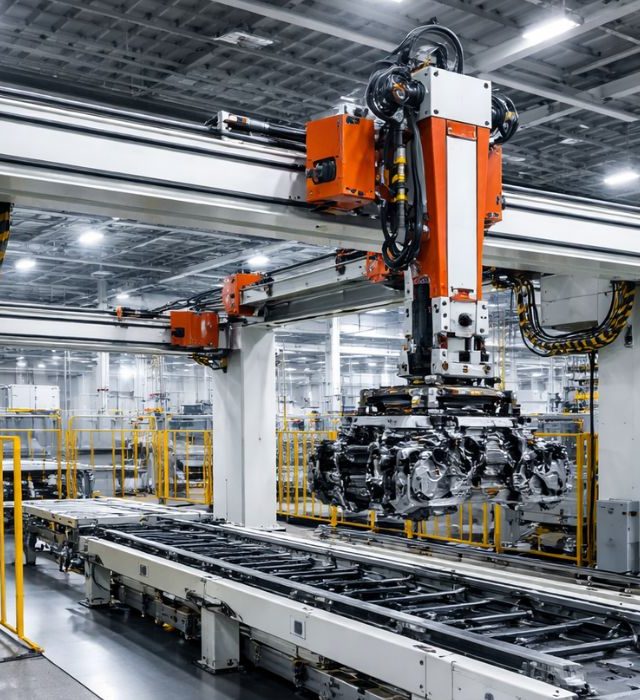 Industrial Gantry Automation System for Automotive Manufacturing Heavy-duty gantry automation system handling automotive engine component in Indian manufacturing plant