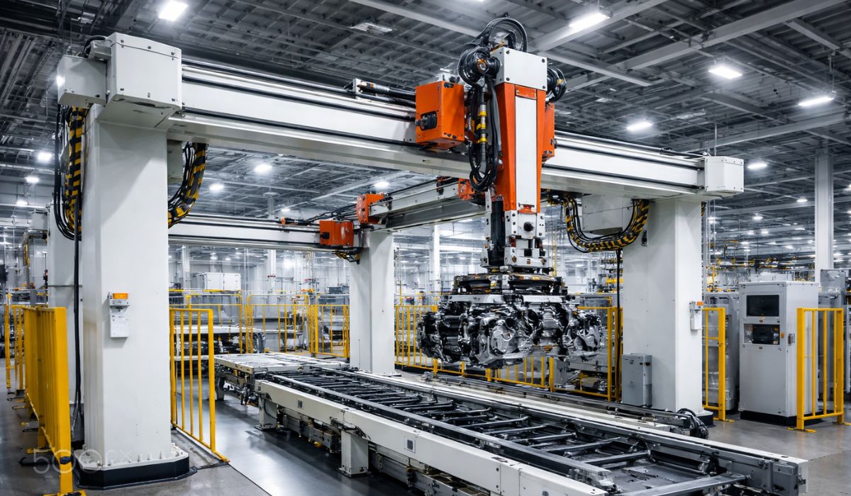 Industrial Gantry Automation System for Automotive Manufacturing Heavy-duty gantry automation system handling automotive engine component in Indian manufacturing plant