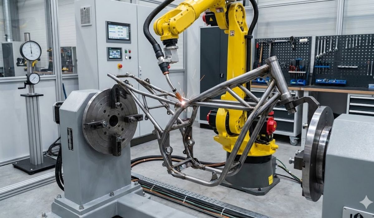 Robotic welding cell performing precision two wheeler frame automation with rotary positioning fixture
