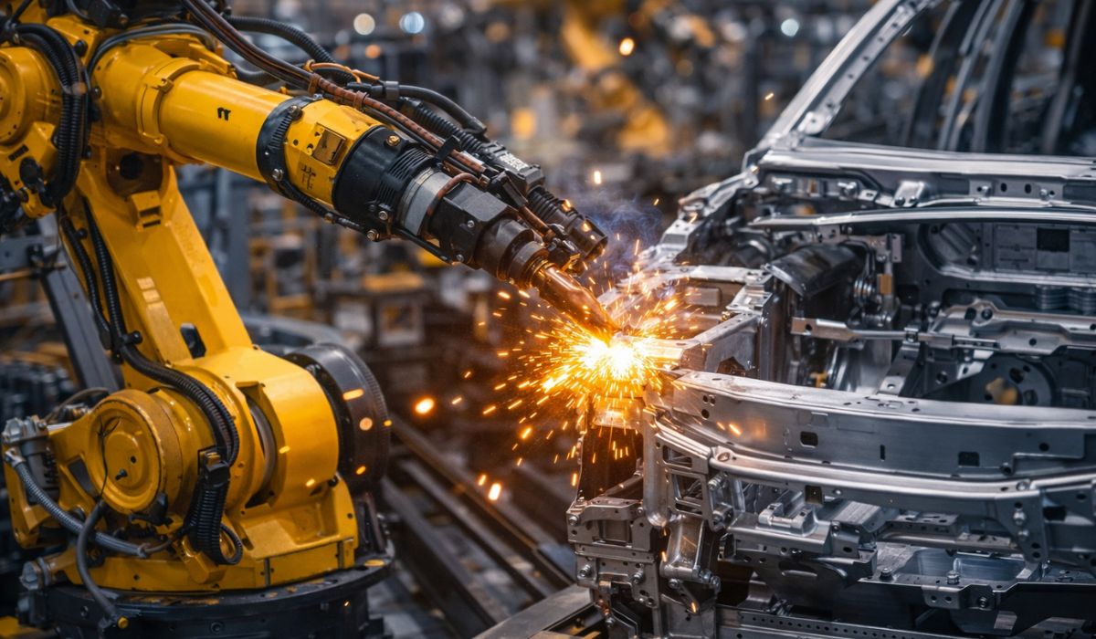 Industrial robotic welding arm performing precision welding on automotive body frame within smart factory system
