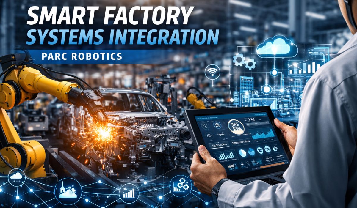 Smart Factory Systems Integration – Parc Robotics Smart factory systems integration with robotic welding line, PLC-controlled automation, and real-time production monitoring dashboard in automotive manufacturing plant