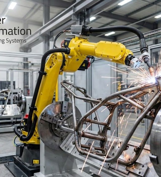 Two Wheeler Frame Automation – Precision Robotic Welding System Robotic MIG welding system performing two wheeler frame automation for motorcycle chassis manufacturing