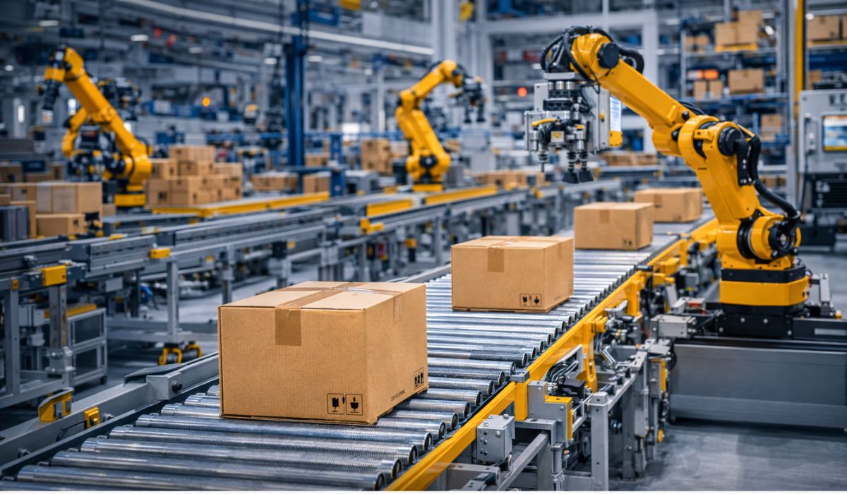conveyor automation system with robotic arms transporting boxes in a modern manufacturing facility