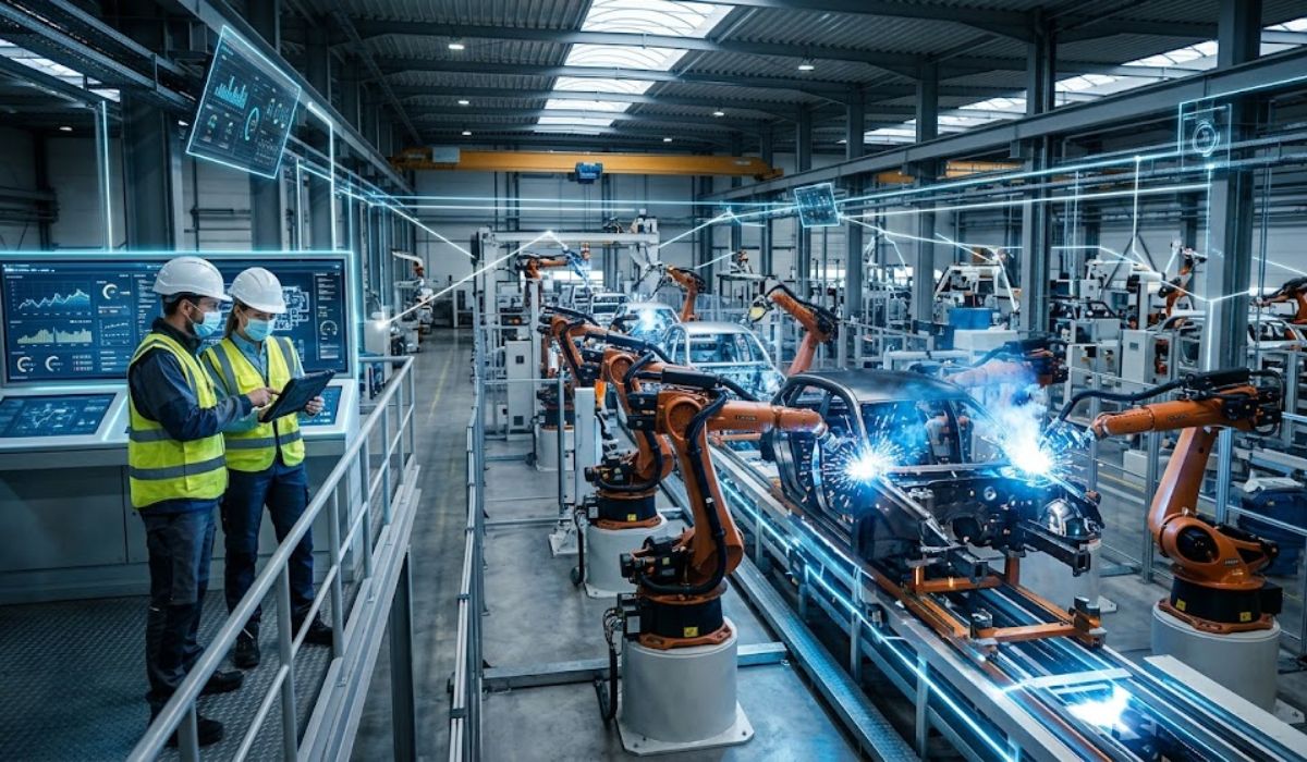 smart factory automation with industrial robots and connected digital manufacturing systems