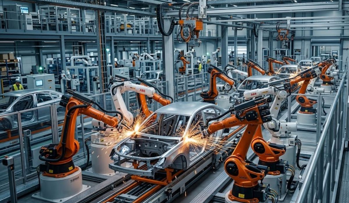 Industrial robotic welding automation in a smart factory automotive production line