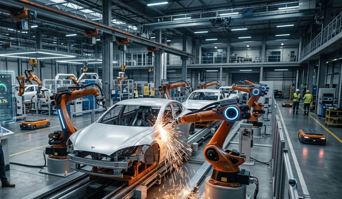 Industry 4.0 Smart Factory Automation Industry 4.0 automation solutions in smart manufacturing factory with robotic welding systems