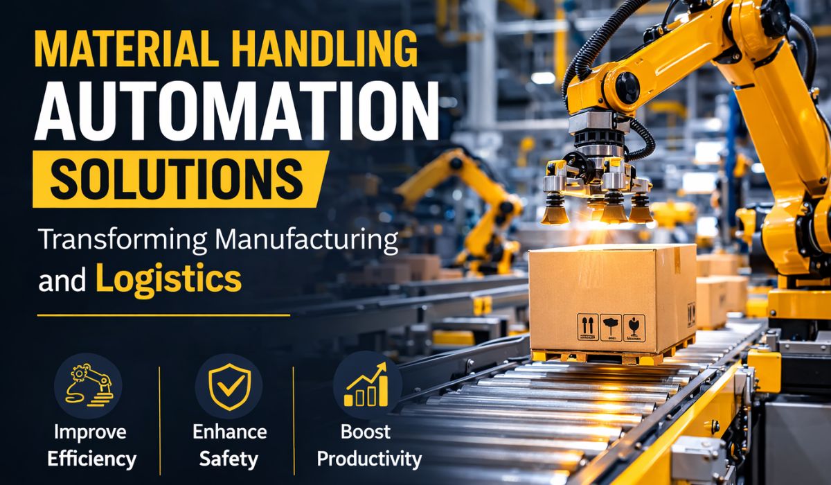 Material Handling Automation Solutions in Smart Factory robotic material handling automation system with conveyor belt in modern manufacturing facility