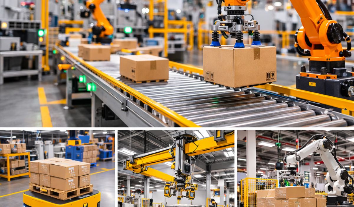 types of automated material handling systems including conveyor systems agv amr robots gantry robots and automated palletizing