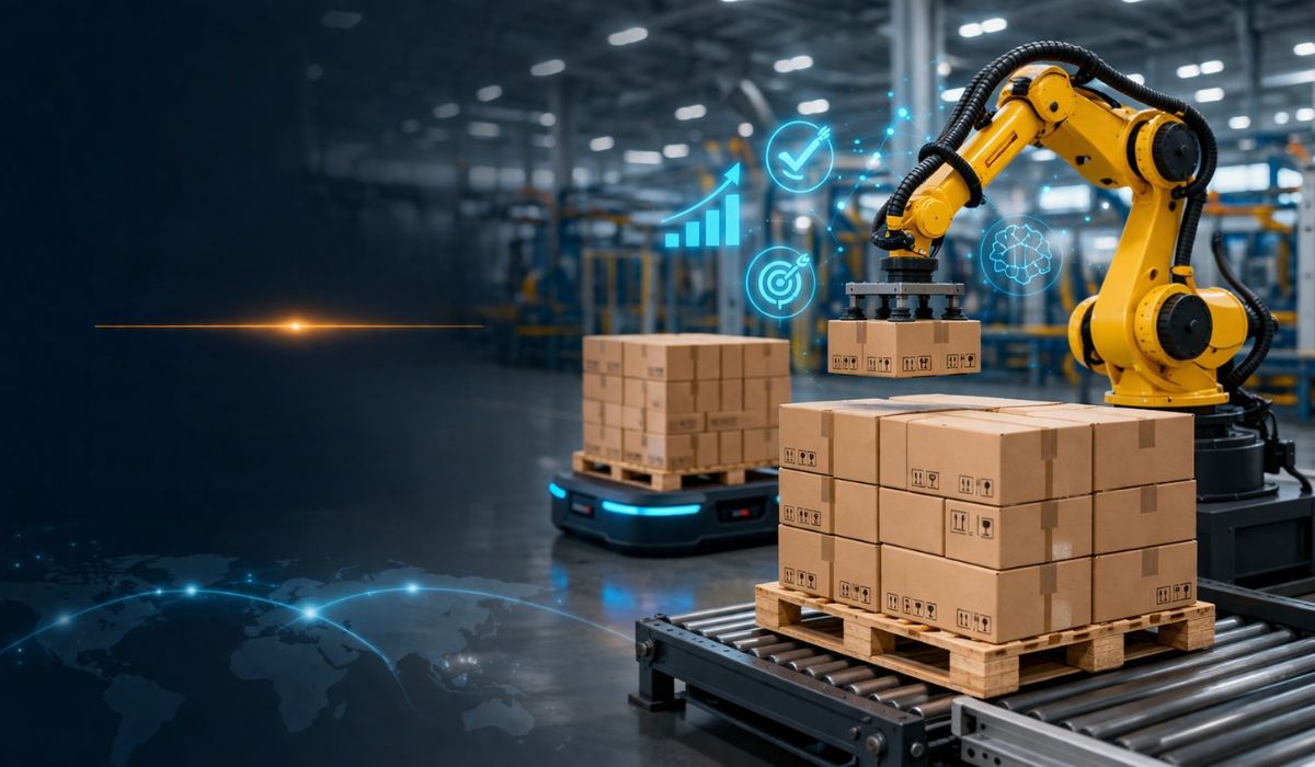 industrial robotic palletizing automation system stacking boxes on pallets in smart manufacturing environment