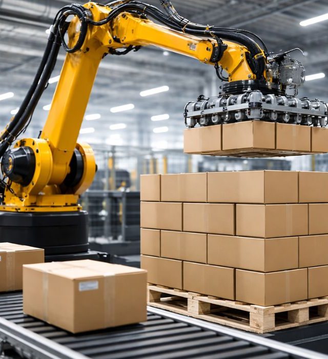 Robotic Palletizing System in Industrial Automation industrial robotic palletizing system stacking cardboard boxes onto pallets in automated manufacturing plant