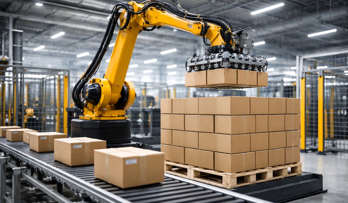 Robotic Palletizing System in Industrial Automation industrial robotic palletizing system stacking cardboard boxes onto pallets in automated manufacturing plant