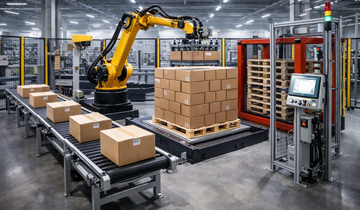 industrial robotic palletizing system with robot arm conveyor pallet station and control panel