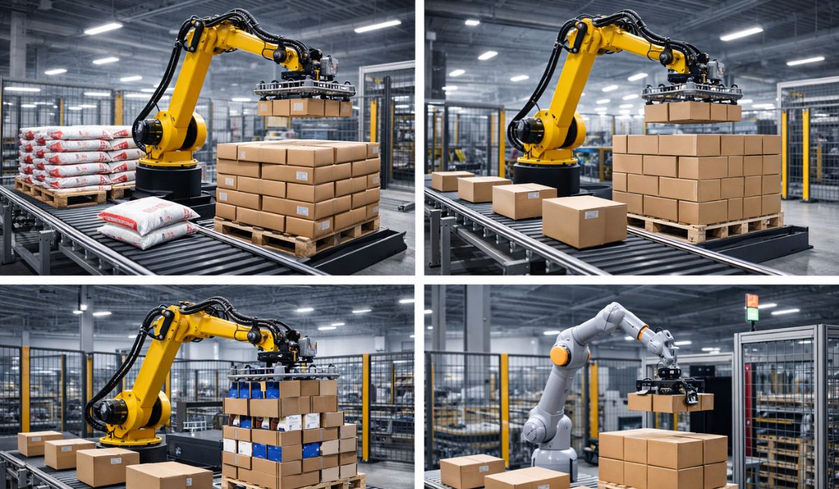 different types of robotic palletizing systems including case palletizing bag palletizing and mixed sku palletizing robots