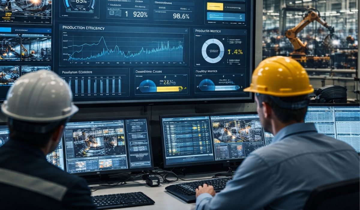 industrial automation dashboard showing production data quality metrics and factory performance monitoring