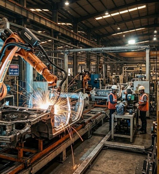 Industrial Robotics Automation in Indian Manufacturing Plant industrial robotics automation system in Indian factory with robotic welding and assembly line
