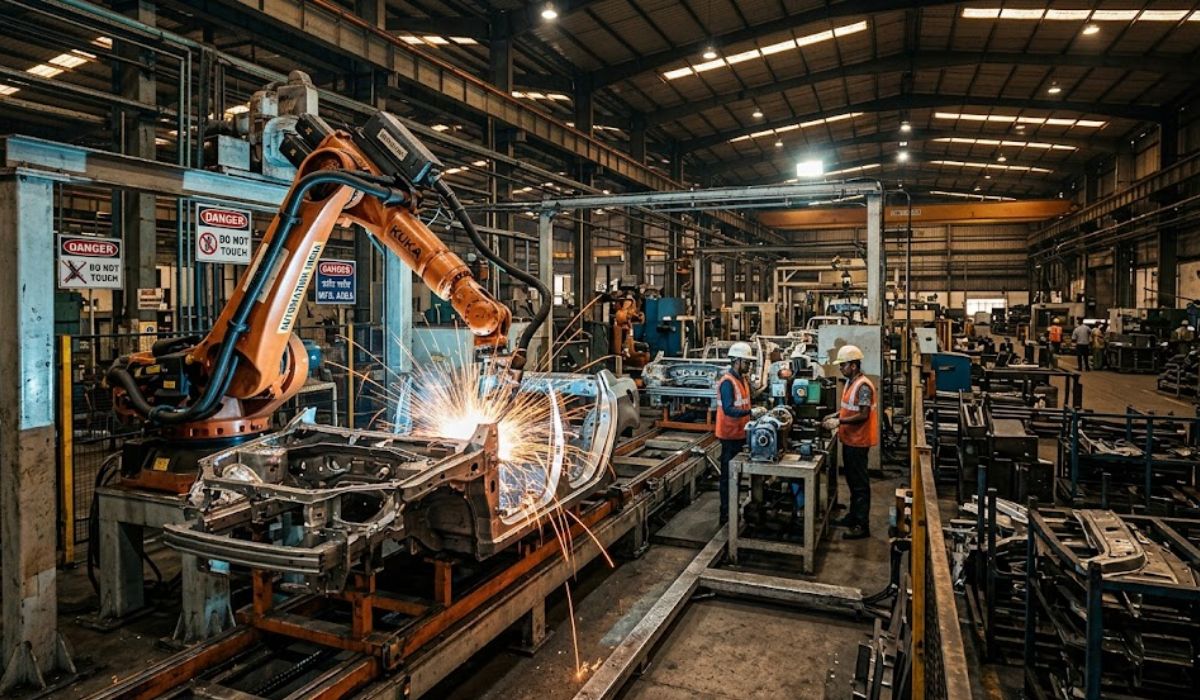 Industrial Robotics Automation in Indian Manufacturing Plant industrial robotics automation system in Indian factory with robotic welding and assembly line