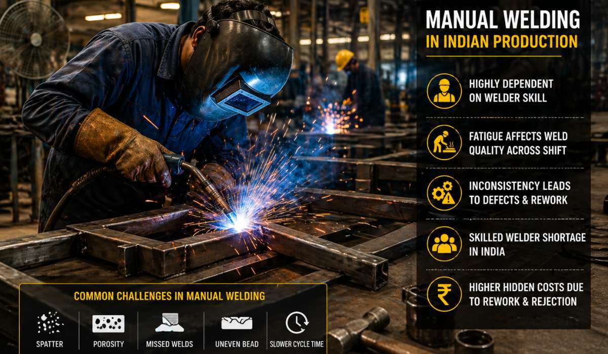 Manual welding in Indian factory showing challenges like fatigue, inconsistency and weld defects