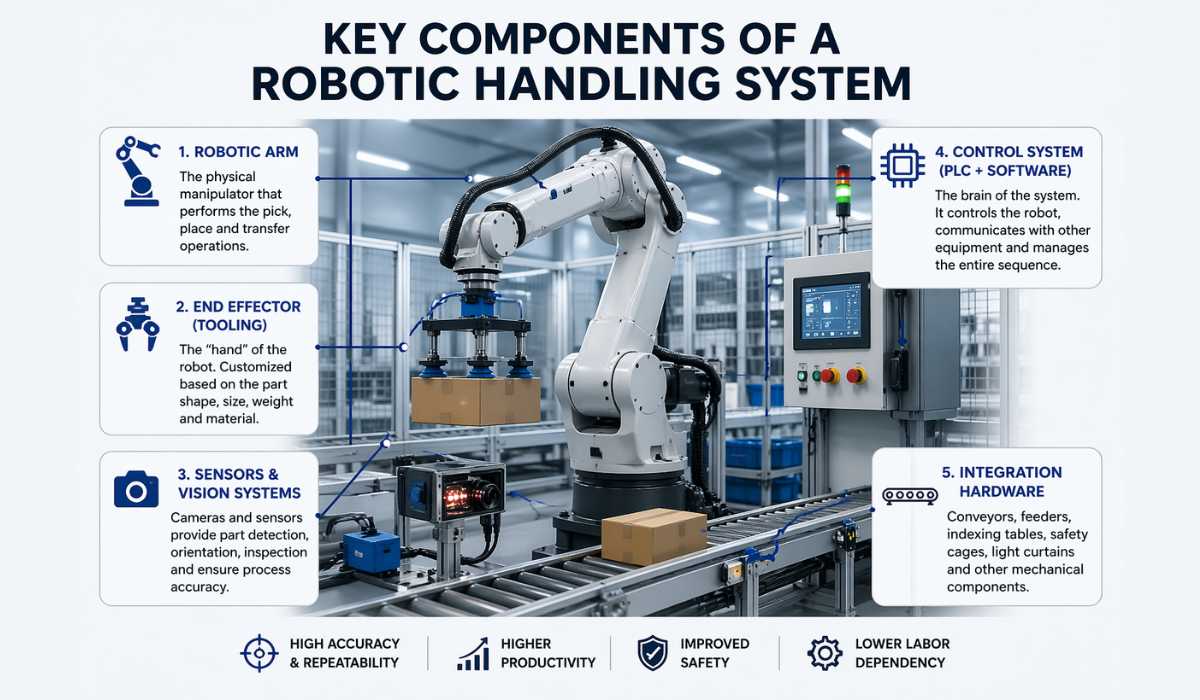 industrial robotic handling system components including robotic arm end effector sensors plc control system and conveyor