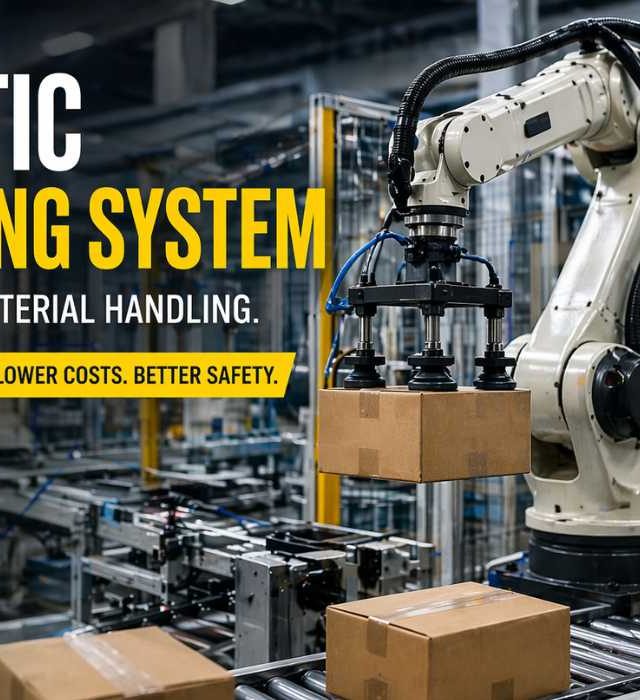 Robotic Handling System in Industrial Automation robotic handling system in industrial automation factory with robotic arm and conveyor