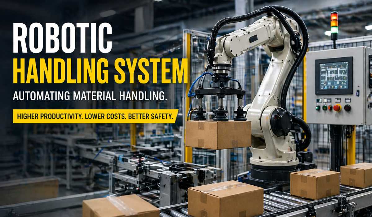 Robotic Handling System in Industrial Automation robotic handling system in industrial automation factory with robotic arm and conveyor
