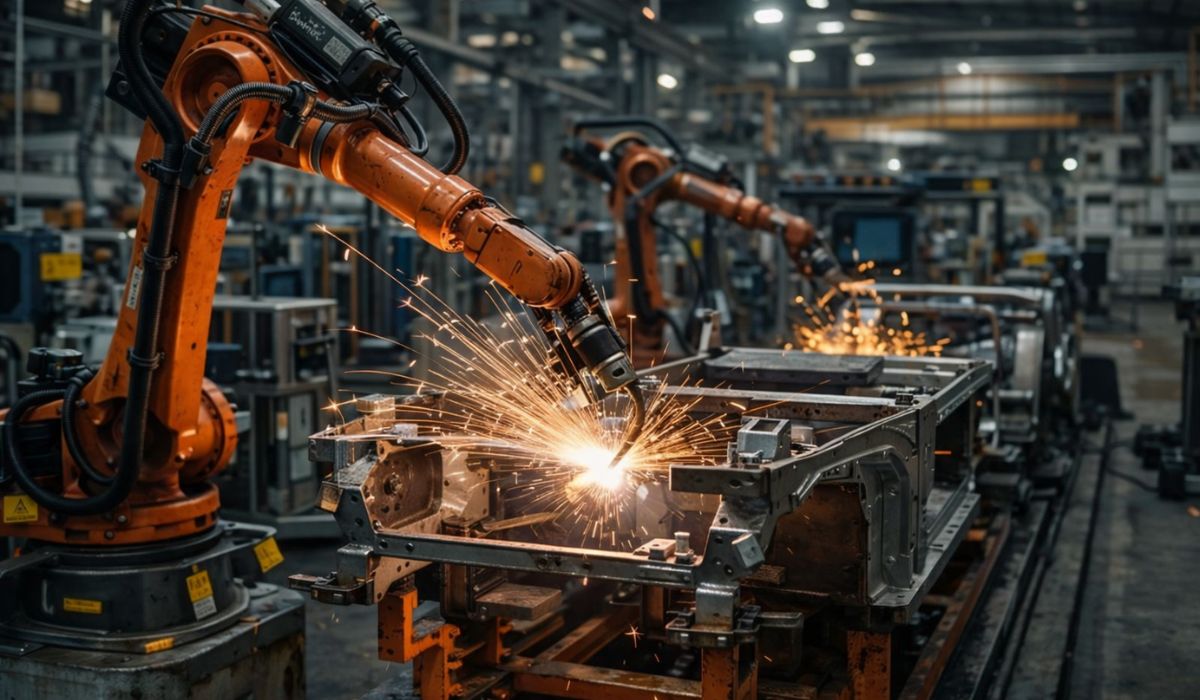 robotic welding automation system in manufacturing with industrial robot performing precision welding