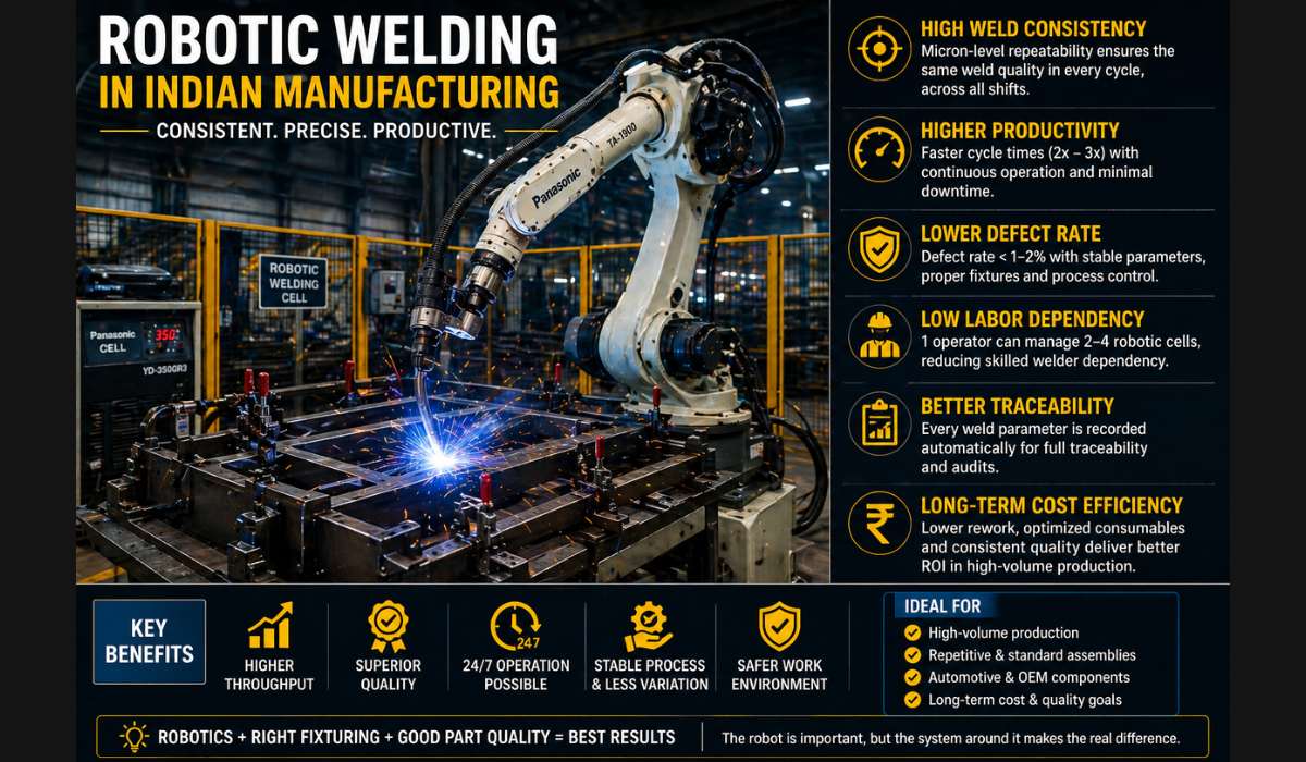 Robotic welding system in Indian manufacturing showing automated welding cell with fixture and robot arm