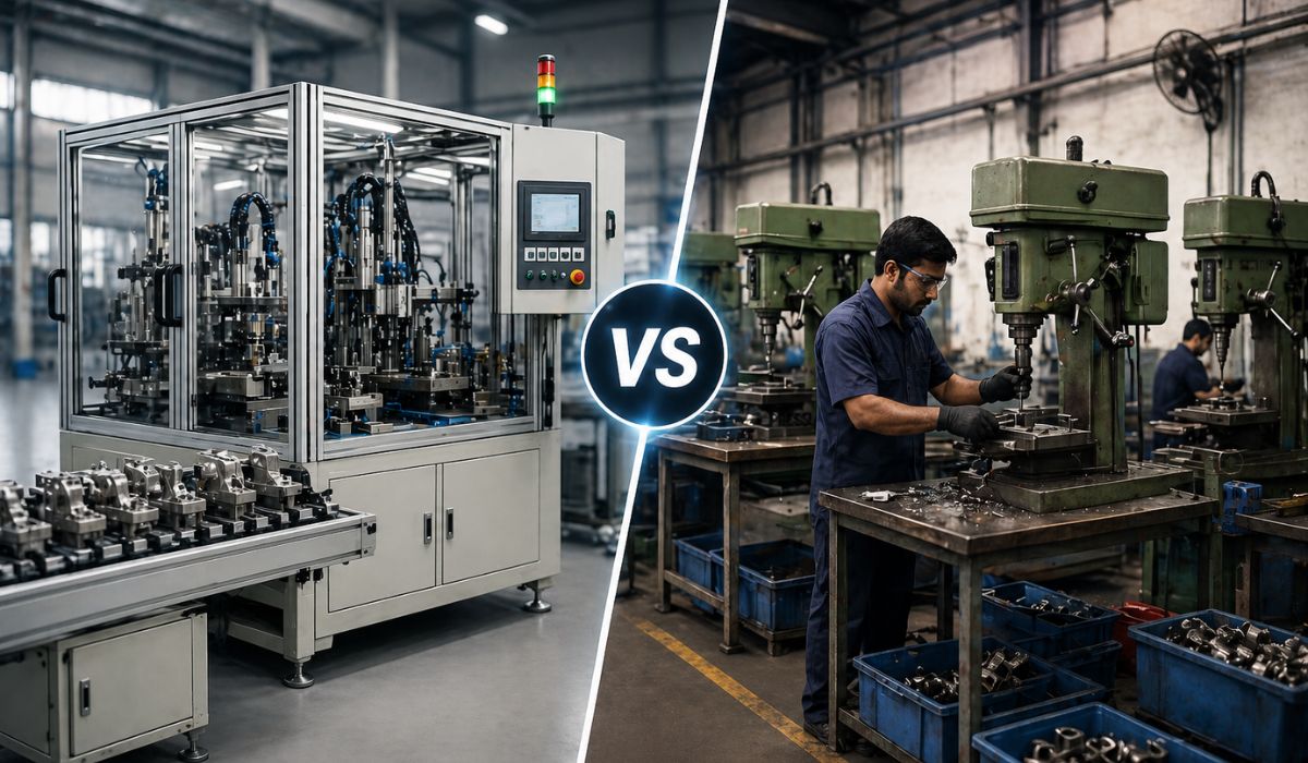 SPM vs Standard Machine Comparison in Manufacturing SPM vs standard machine comparison showing automated and manual manufacturing process