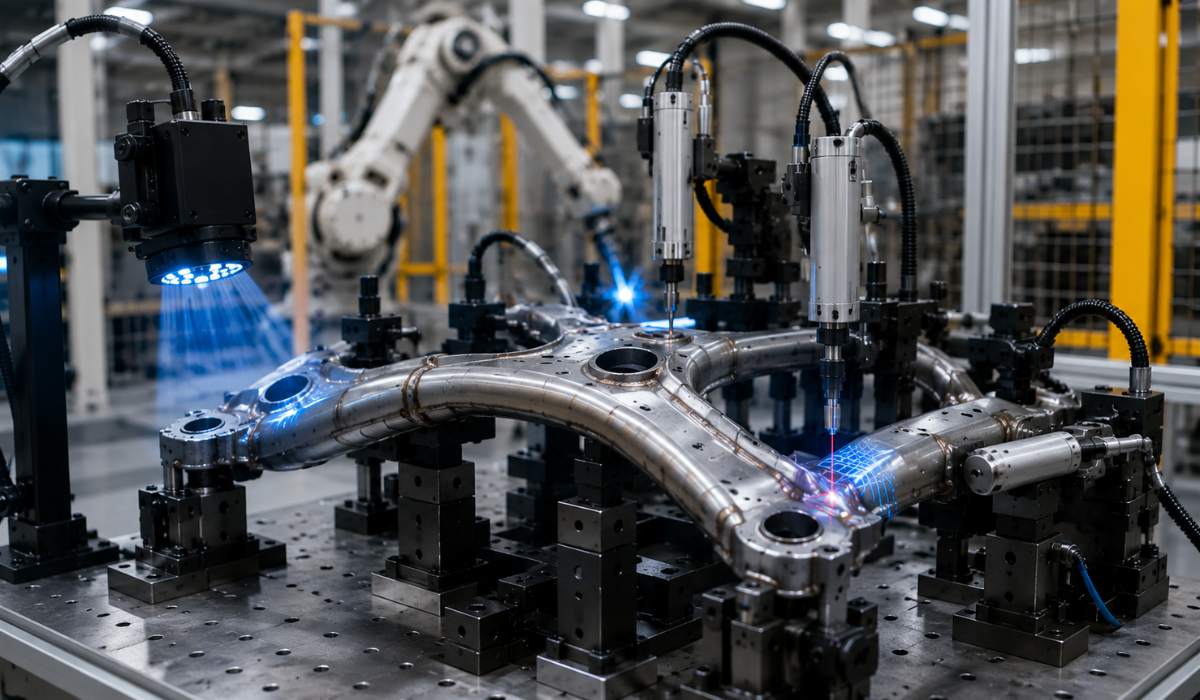 Automated inspection gauge verifying dimensions and weld quality of a welded automotive component