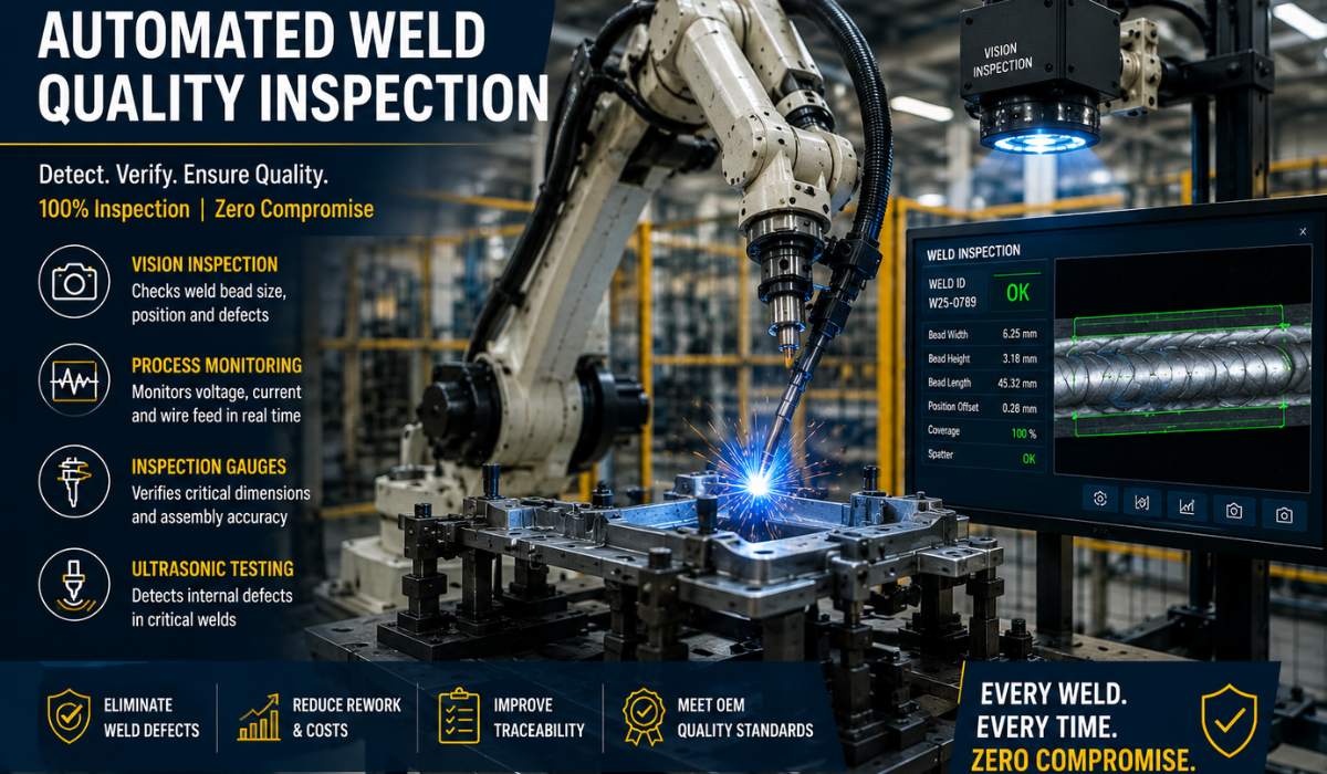 Automated weld quality inspection using vision inspection, process monitoring, inspection gauges, and ultrasonic testing in manufacturing