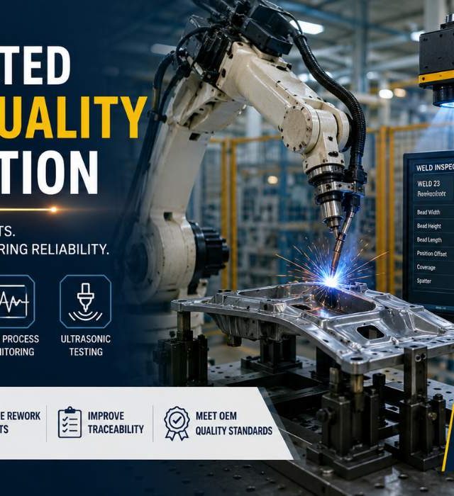 Automated Weld Quality Inspection in Manufacturing Plant Automated weld quality inspection system using robotic welding, vision inspection, and quality monitoring in a manufacturing plant