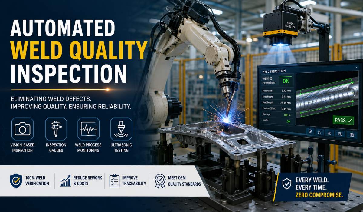 Automated Weld Quality Inspection in Manufacturing Plant Automated weld quality inspection system using robotic welding, vision inspection, and quality monitoring in a manufacturing plant