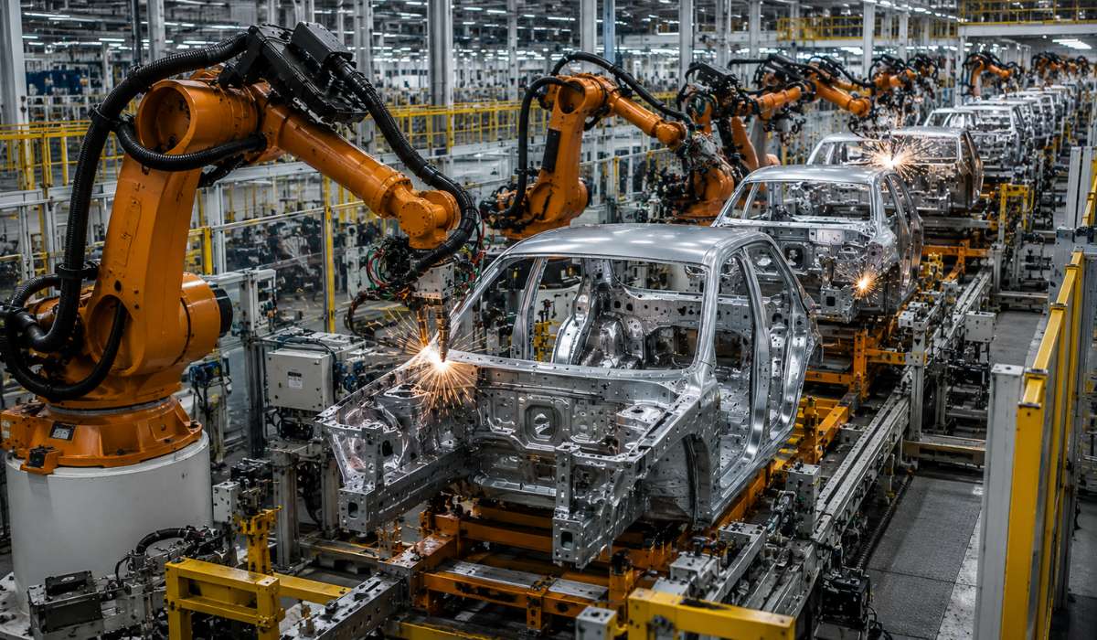 Automotive robotic welding production line with multiple industrial robots welding vehicle body structures