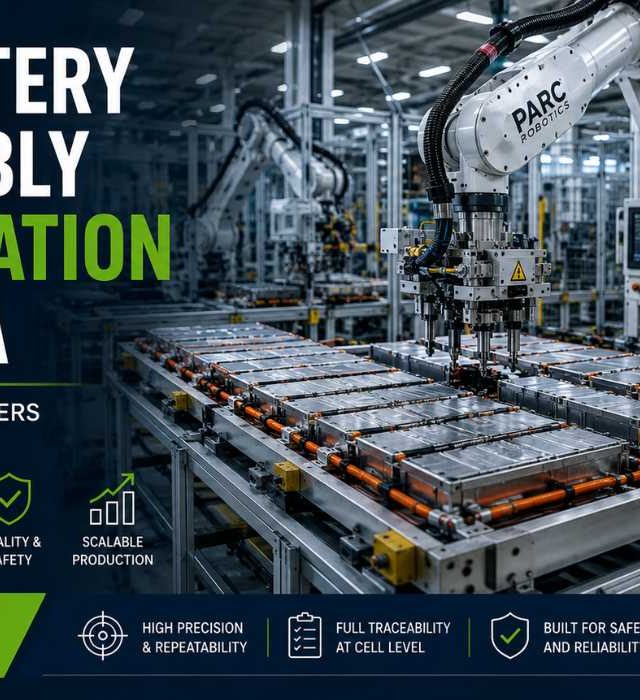 EV Battery Assembly Automation in India Robotic EV battery pack assembly automation line in an Indian manufacturing factory