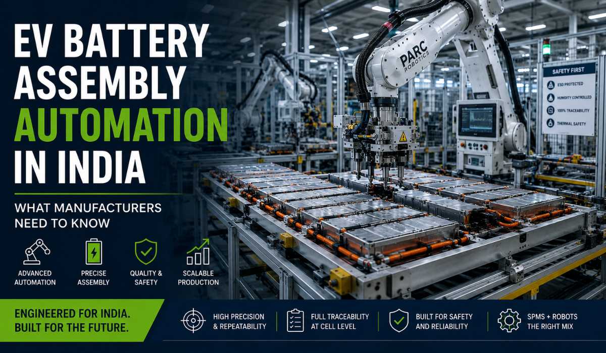 EV Battery Assembly Automation in India Robotic EV battery pack assembly automation line in an Indian manufacturing factory