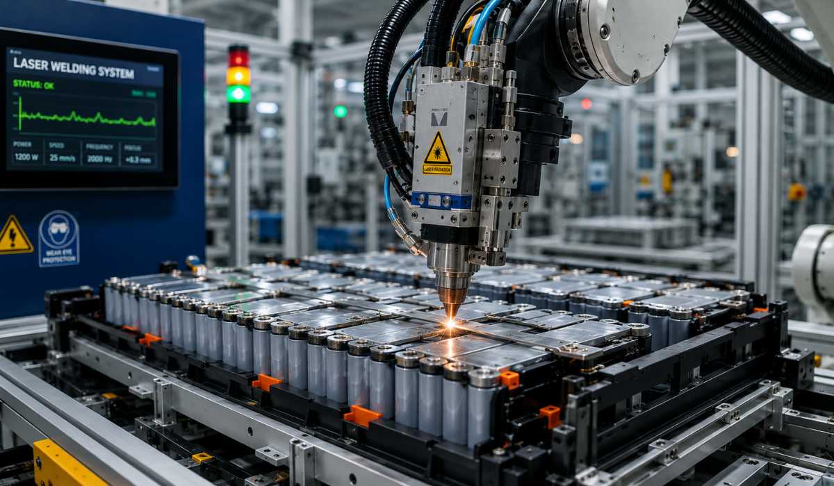 Robotic laser welding system welding EV battery busbars in automated production line